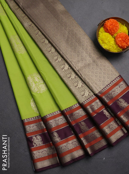 Semi kanchipuram silk saree light green and wine shade with zari woven buttas and long zari woven korvai border