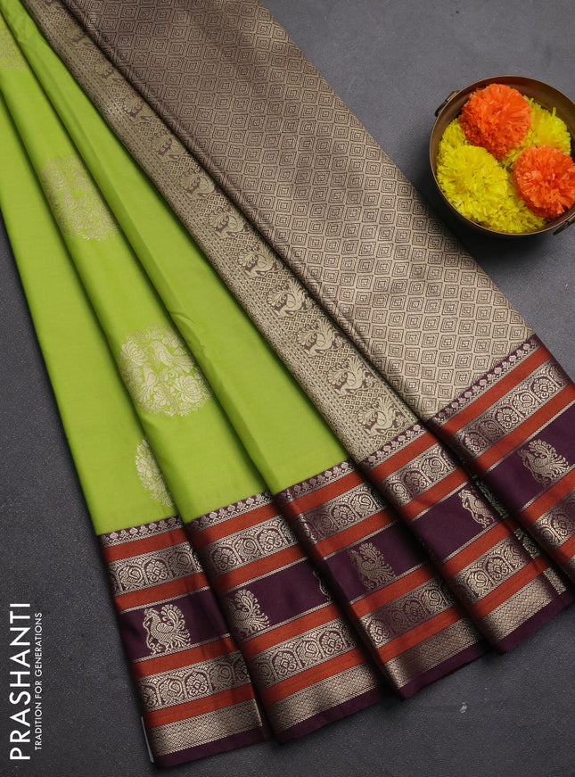Semi kanchipuram silk saree light green and wine shade with zari woven buttas and long zari woven korvai border