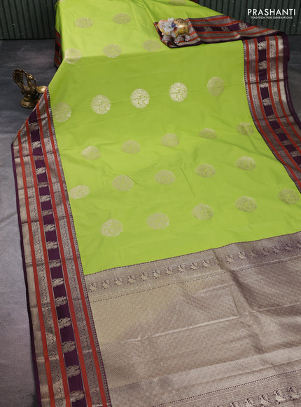 Semi kanchipuram silk saree light green and wine shade with zari woven buttas and long zari woven korvai border