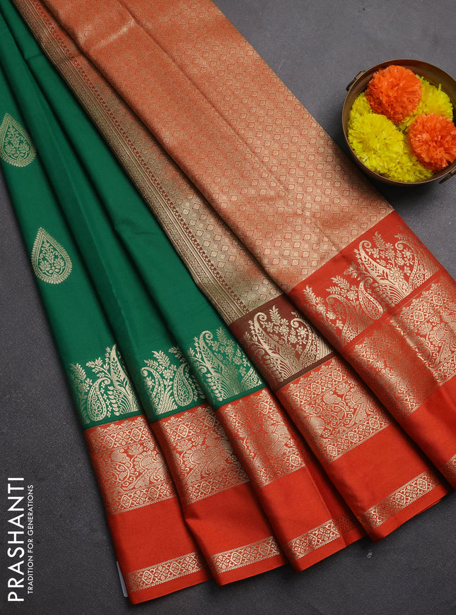 Semi kanchipuram silk saree green and orange with zari woven buttas and long rettapet zari woven korvai border