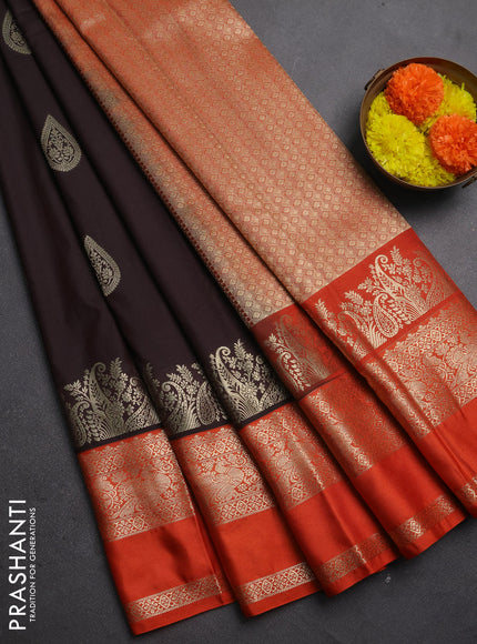 Semi kanchipuram silk saree coffee brown and orange with zari woven buttas and long rettapet zari woven korvai border