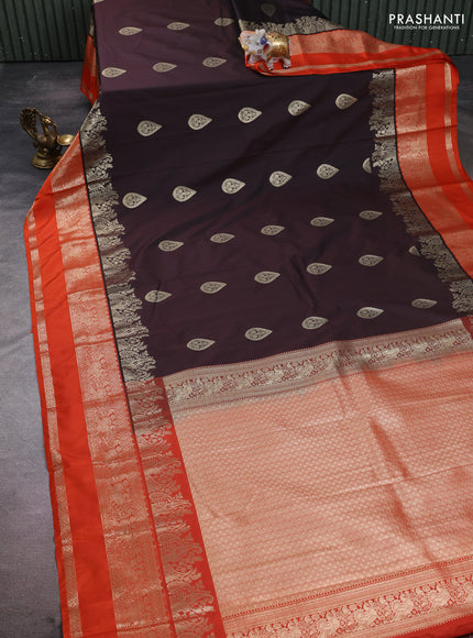 Semi kanchipuram silk saree coffee brown and orange with zari woven buttas and long rettapet zari woven korvai border