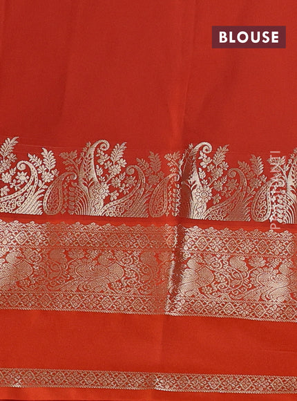 Semi kanchipuram silk saree beige and orange with zari woven buttas and long rettapet zari woven korvai border