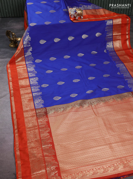 Semi kanchipuram silk saree blue and orange with zari woven buttas and long rettapet zari woven korvai border