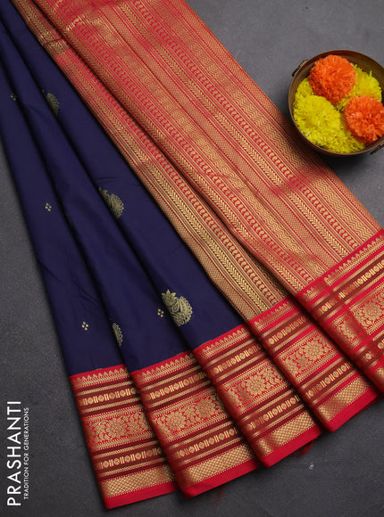 Semi kanchipuram silk saree navy blue and pink with zari woven buttas and zari woven korvai border