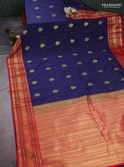 Semi kanchipuram silk saree navy blue and pink with zari woven buttas and zari woven korvai border