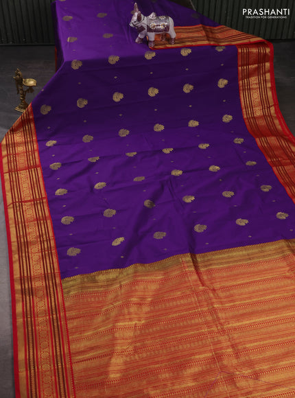 Semi kanchipuram silk saree purple and pink with zari woven buttas and zari woven korvai border