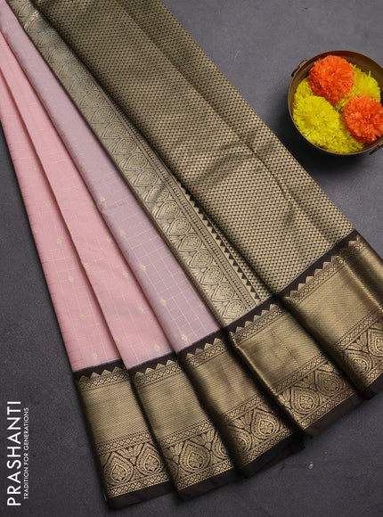 Semi kanchipuram silk saree pastel pink and coffee brown with allover zari checks & buttas and rich zari woven korvai border