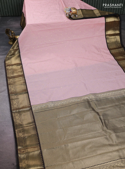 Semi kanchipuram silk saree pastel pink and coffee brown with allover zari checks & buttas and rich zari woven korvai border