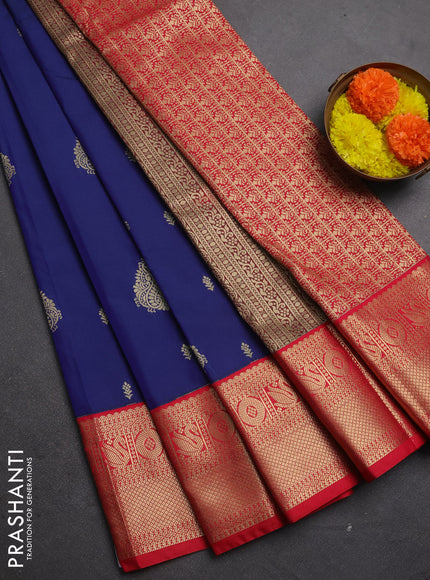 Semi kanchipuram silk saree blue and red with allover zari woven buttas and zari woven korvai border