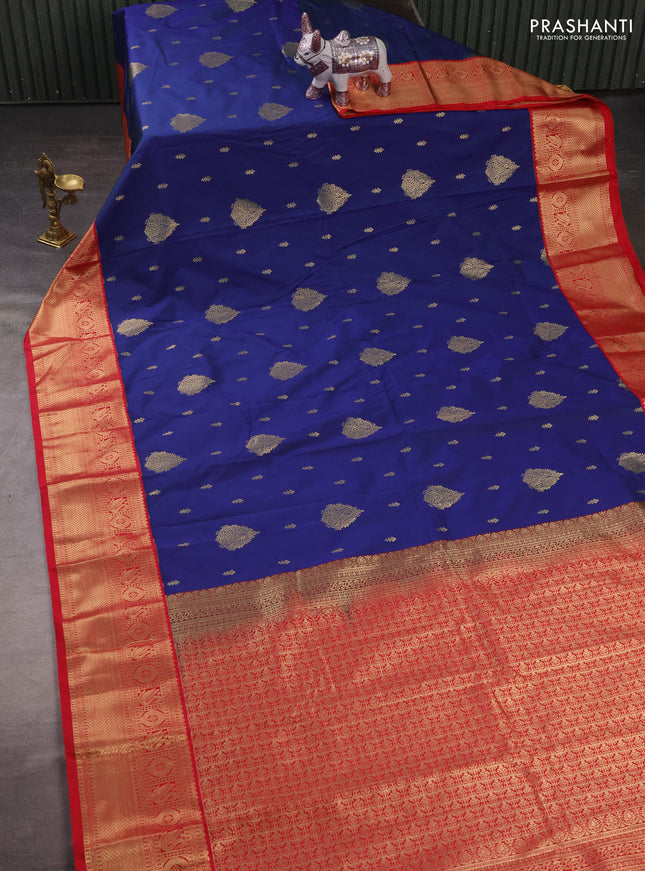Semi kanchipuram silk saree blue and red with allover zari woven buttas and zari woven korvai border