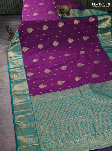 Semi kanchipuram silk saree purple and teal green with zari woven buttas and zari woven korvai border