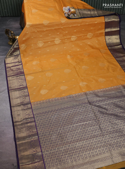 Semi kanchipuram silk saree mustard yellow and deep purple with allover zari checks & buttas and zari woven korvai border