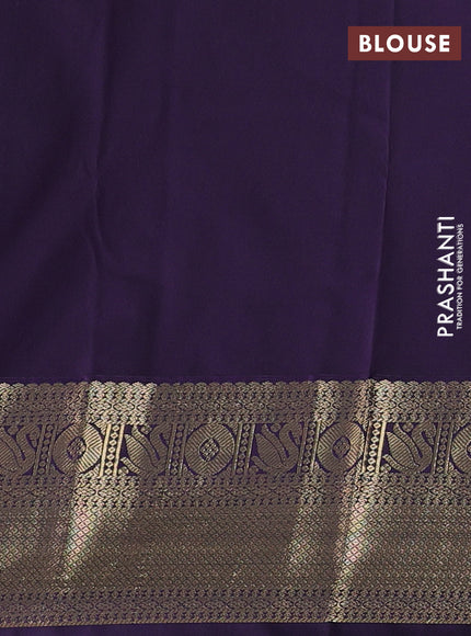 Semi kanchipuram silk saree mustard yellow and deep purple with allover zari checks & buttas and zari woven korvai border