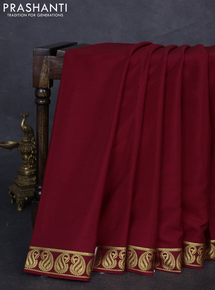 Pure mysore silk saree maroon with plain body and zari woven paisley border