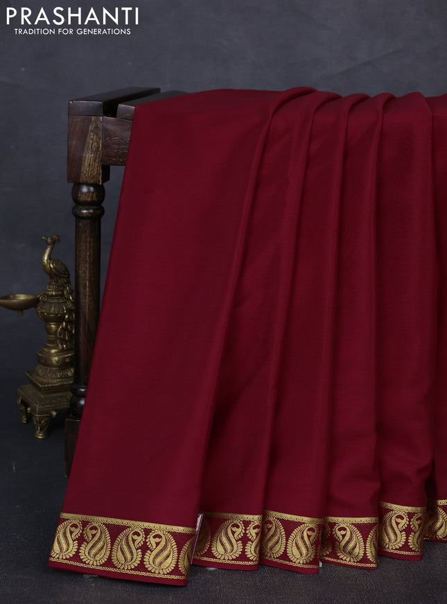 Pure mysore silk saree maroon with plain body and zari woven paisley border