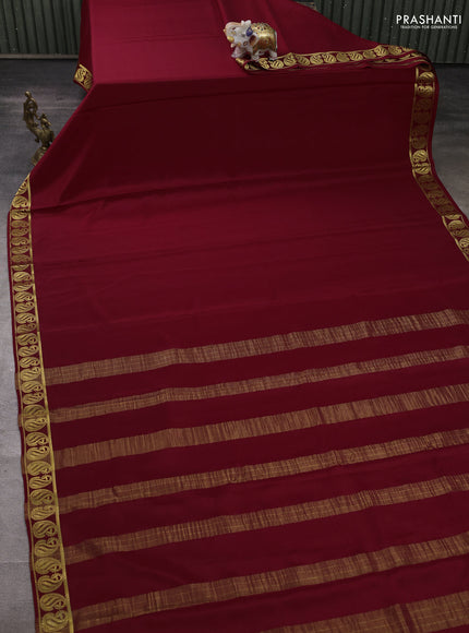 Pure mysore silk saree maroon with plain body and zari woven paisley border