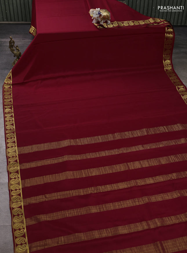 Pure mysore silk saree maroon with plain body and zari woven paisley border