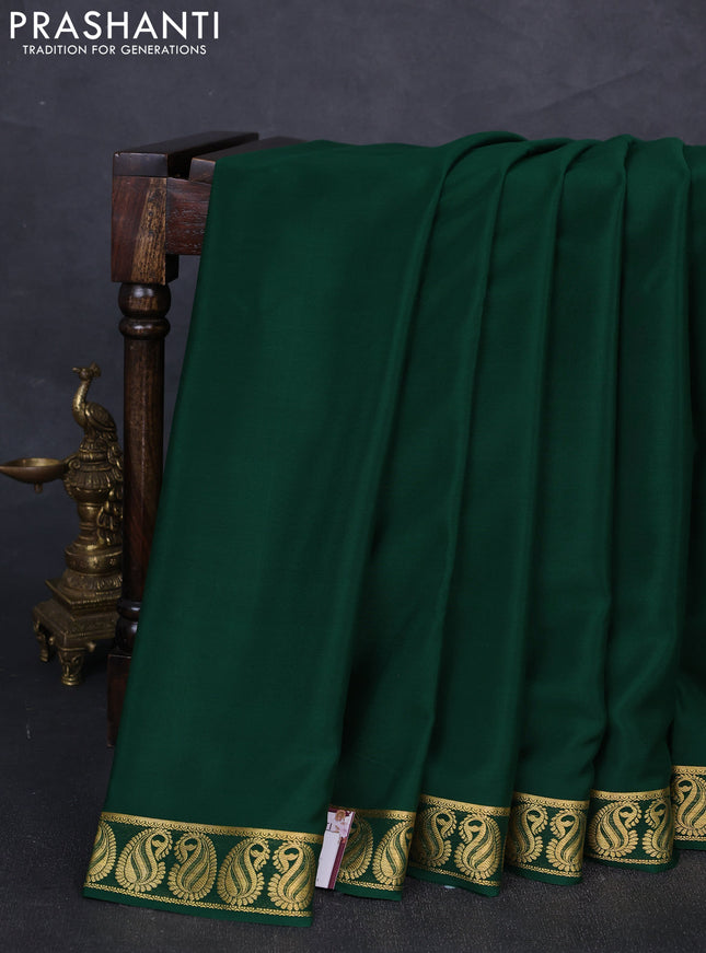Pure mysore silk saree bottle green with plain body and zari woven paisley border