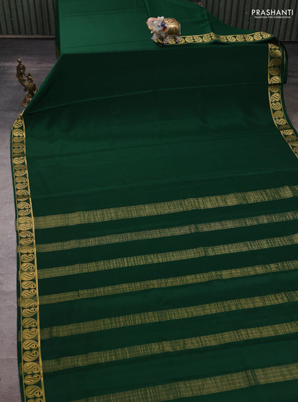 Pure mysore silk saree bottle green with plain body and zari woven paisley border