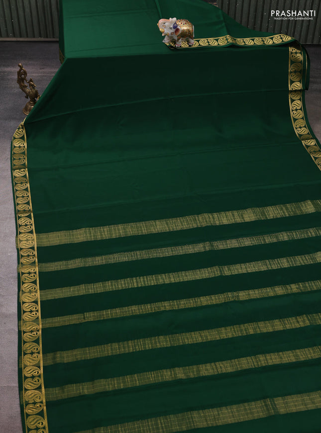 Pure mysore silk saree bottle green with plain body and zari woven paisley border