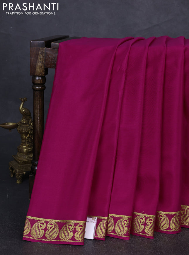 Pure mysore silk saree rani pink with plain body and zari woven paisley border