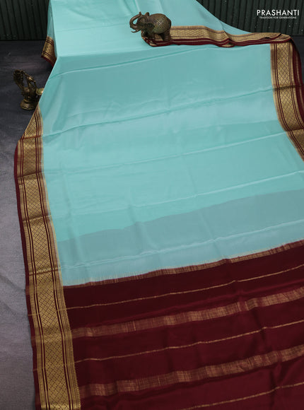 Pure mysore silk saree teal blue and deep maroon with plain body and zari woven border