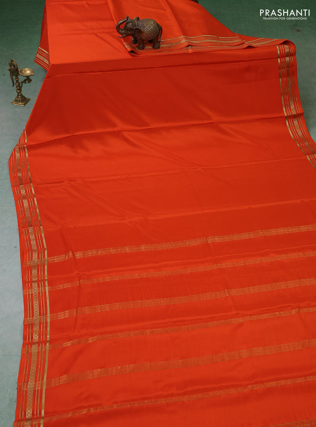 Pure mysore silk saree orange with plain body and zari woven border