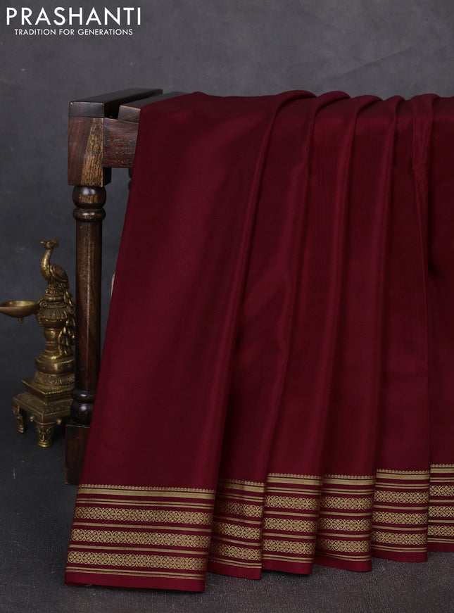 Pure mysore silk saree maroon with plain body and zari woven border