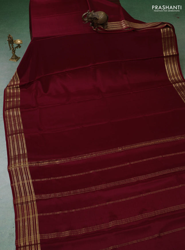 Pure mysore silk saree maroon with plain body and zari woven border