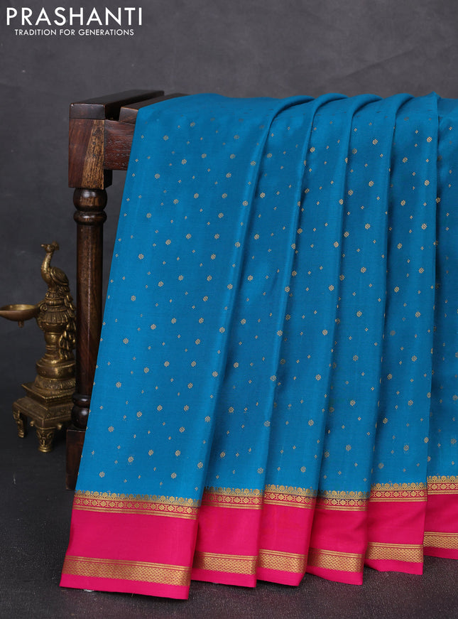 Pure mysore silk saree cs blue and pink with allover zari woven buttas and rettapet zari woven border