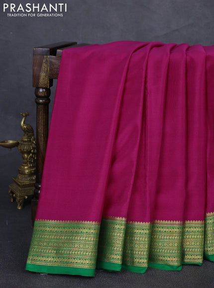 Pure mysore silk saree rani pink and green with plain body and zari woven border