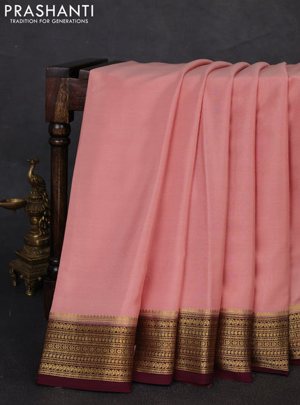 Pure mysore silk saree pastel peach and coffee brown with plain body and zari woven border