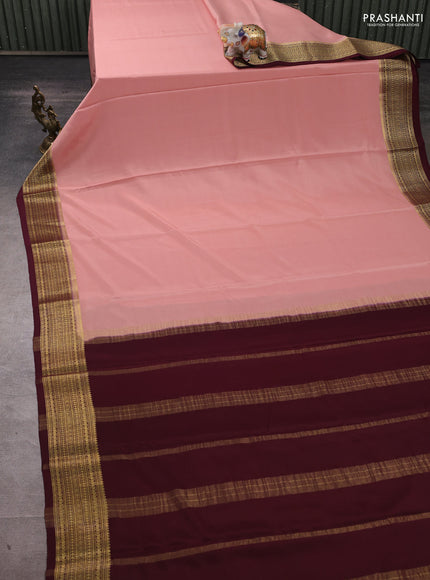 Pure mysore silk saree pastel peach and coffee brown with plain body and zari woven border