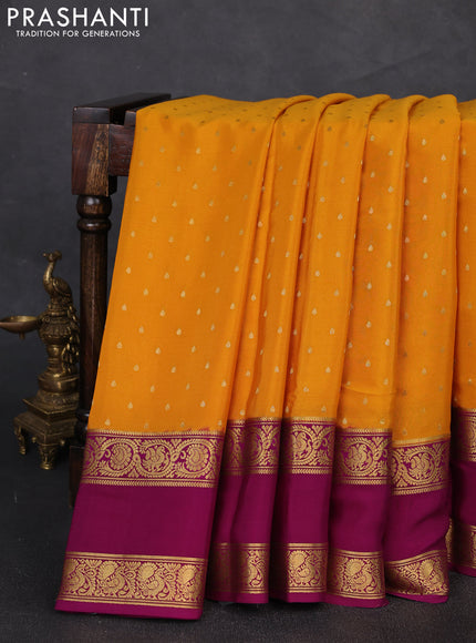 Pure mysore silk saree mango yellow and purple with allover zari woven buttas and rettapet zari woven border
