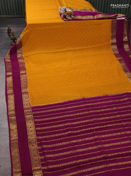 Pure mysore silk saree mango yellow and purple with allover zari woven buttas and rettapet zari woven border
