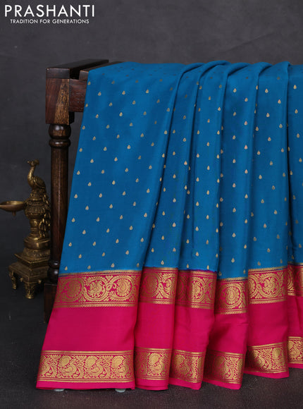 Pure mysore silk saree cs blue and pink with allover zari woven buttas and rettapet zari woven border