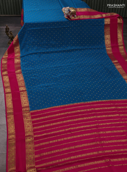 Pure mysore silk saree cs blue and pink with allover zari woven buttas and rettapet zari woven border
