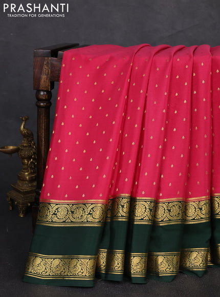 Pure mysore silk saree pink and bottle green with allover zari woven buttas and rettapet zari woven border
