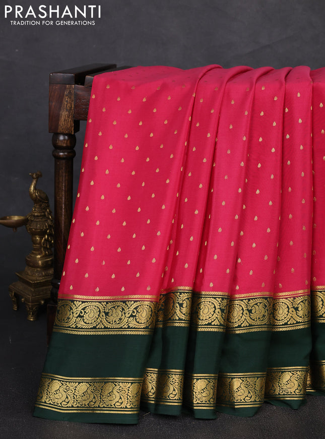 Pure mysore silk saree pink and bottle green with allover zari woven buttas and rettapet zari woven border