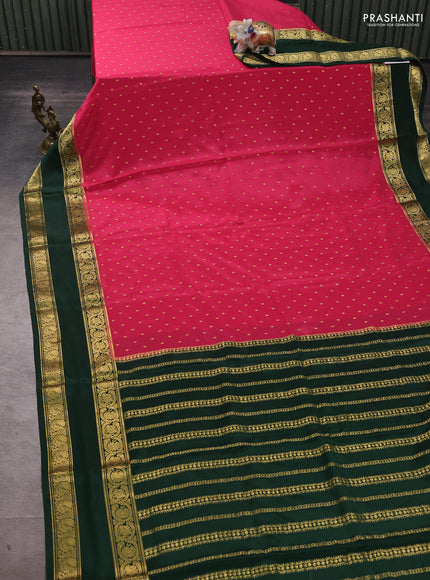 Pure mysore silk saree pink and bottle green with allover zari woven buttas and rettapet zari woven border