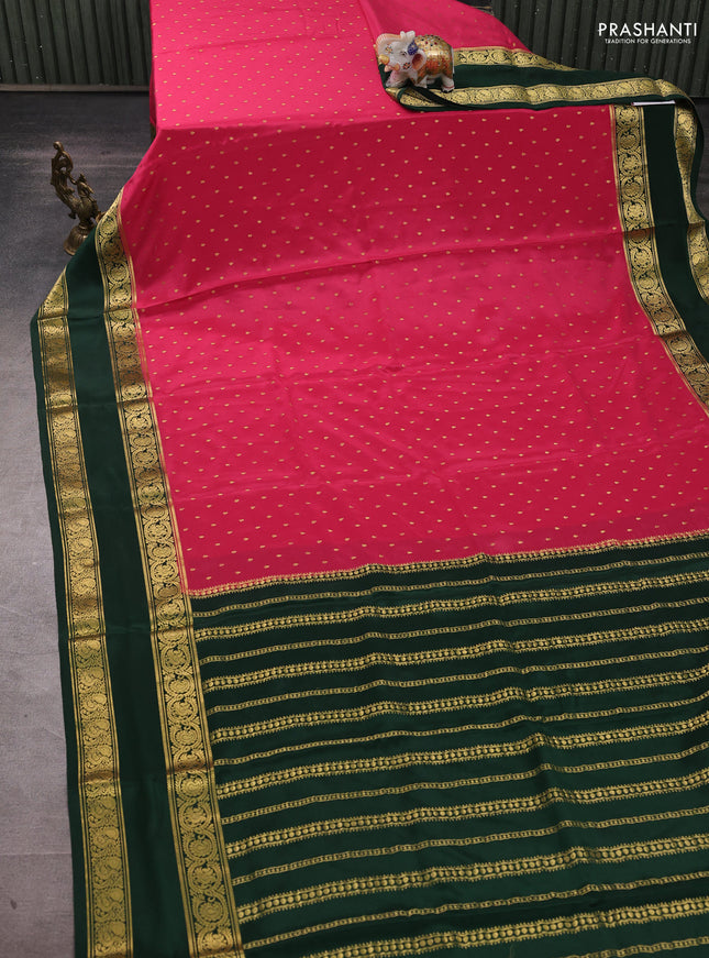 Pure mysore silk saree pink and bottle green with allover zari woven buttas and rettapet zari woven border