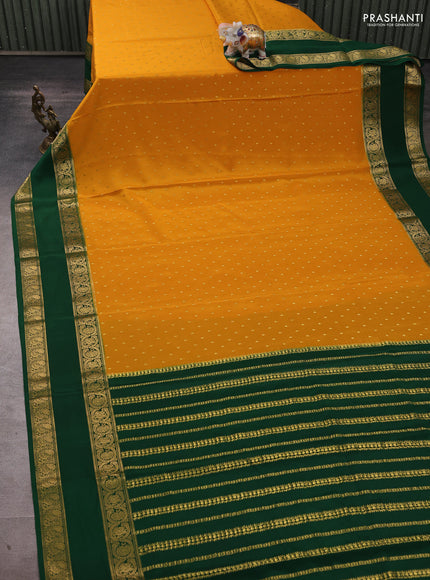 Pure mysore silk saree mango yellow and green with allover zari woven buttas and rettapet zari woven border