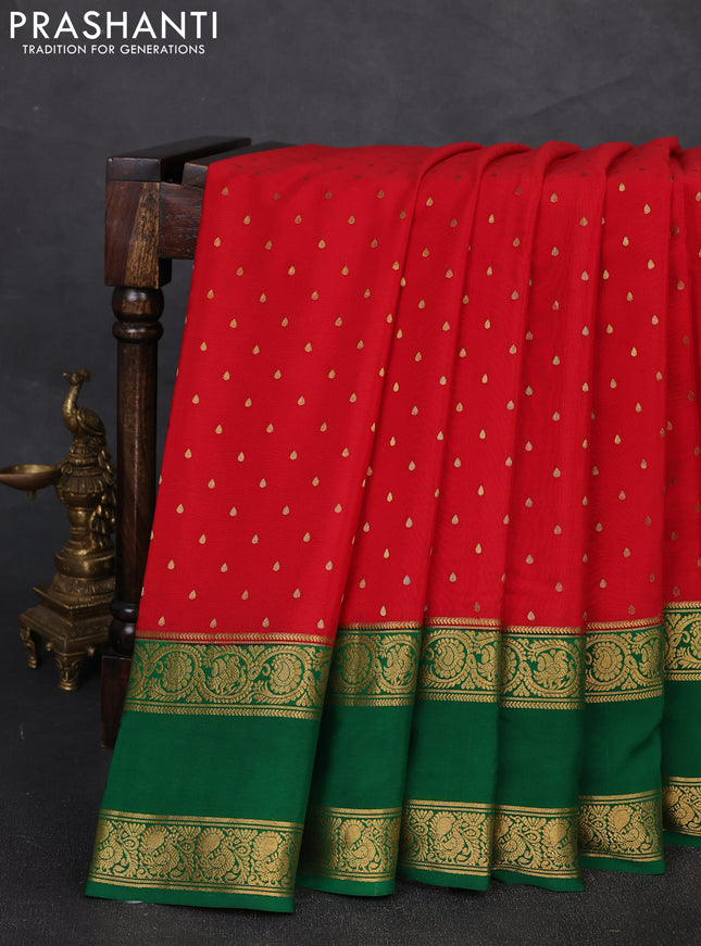 Pure mysore silk saree red and green with allover zari woven buttas and rettapet zari woven border