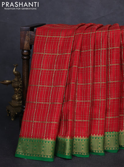 Pure mysore silk saree red and green with allover zari woven checked pattern and zari woven border