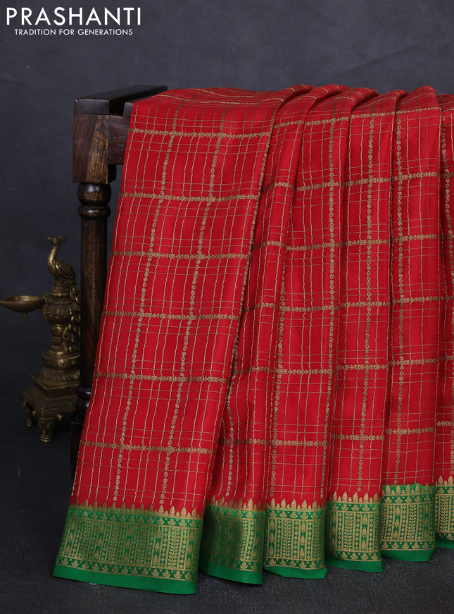 Pure mysore silk saree red and green with allover zari woven checked pattern and zari woven border