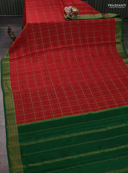 Pure mysore silk saree red and green with allover zari woven checked pattern and zari woven border