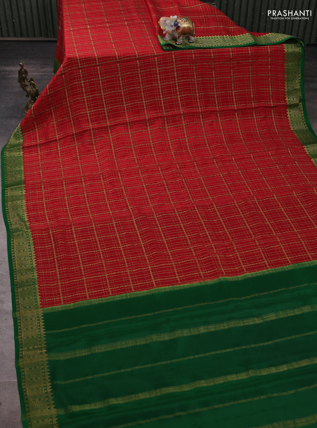 Pure mysore silk saree red and green with allover zari woven checked pattern and zari woven border
