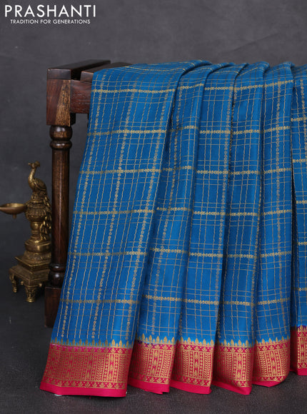 Pure mysore silk saree cs blue and pink with allover zari woven checked pattern and zari woven border