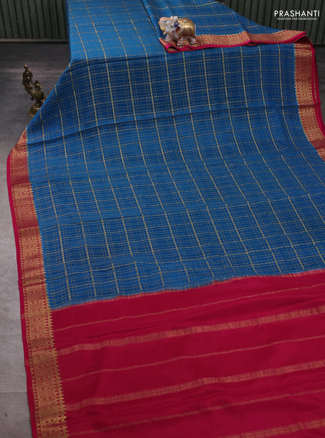 Pure mysore silk saree cs blue and pink with allover zari woven checked pattern and zari woven border
